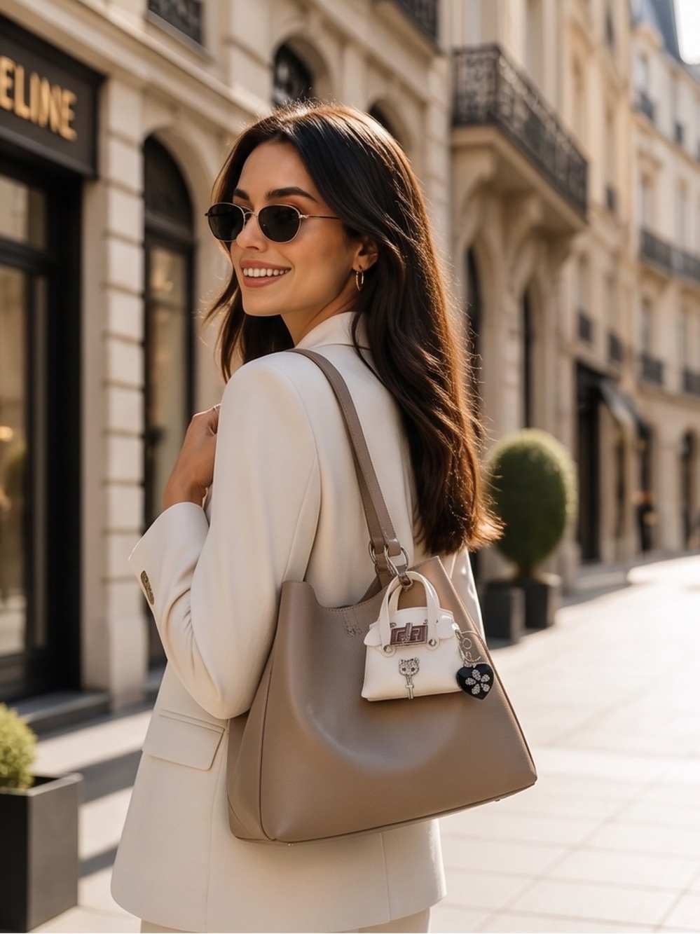 Cream Mini Satchel Bag with Crystal Charm - Picture 2 of 5